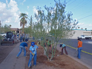 Volunteers work to green the street at Primera Iglesia near downtown Phoenix in 2012.