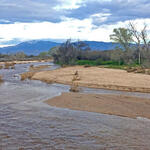 Rillito River with flow and snow Rincon Mountains in background