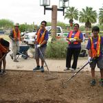 FedEx volunteers working on the rain garden